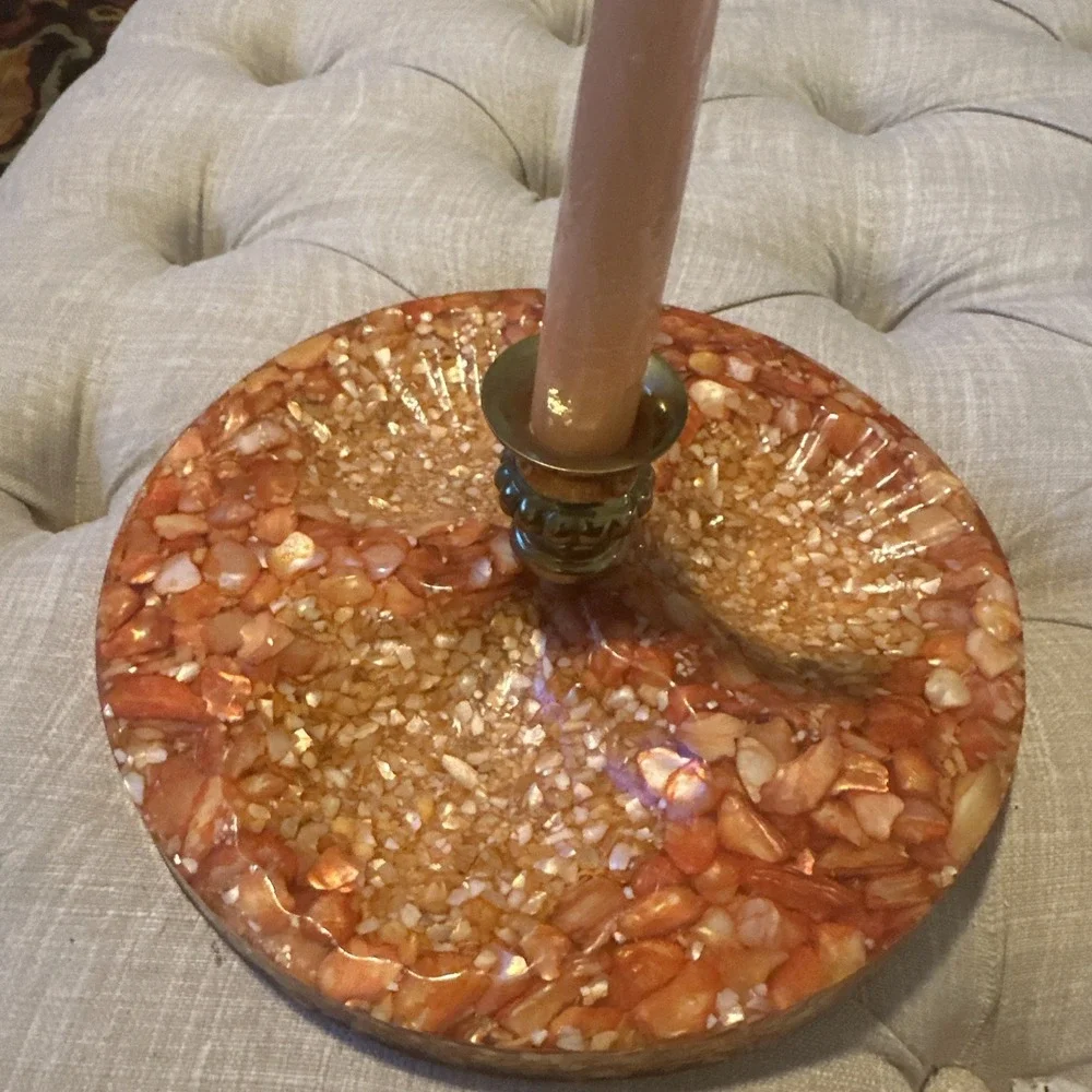 Vintage Mother Of Pearl Lucite Trinket/brass Candle Holder Orange Vomit 9